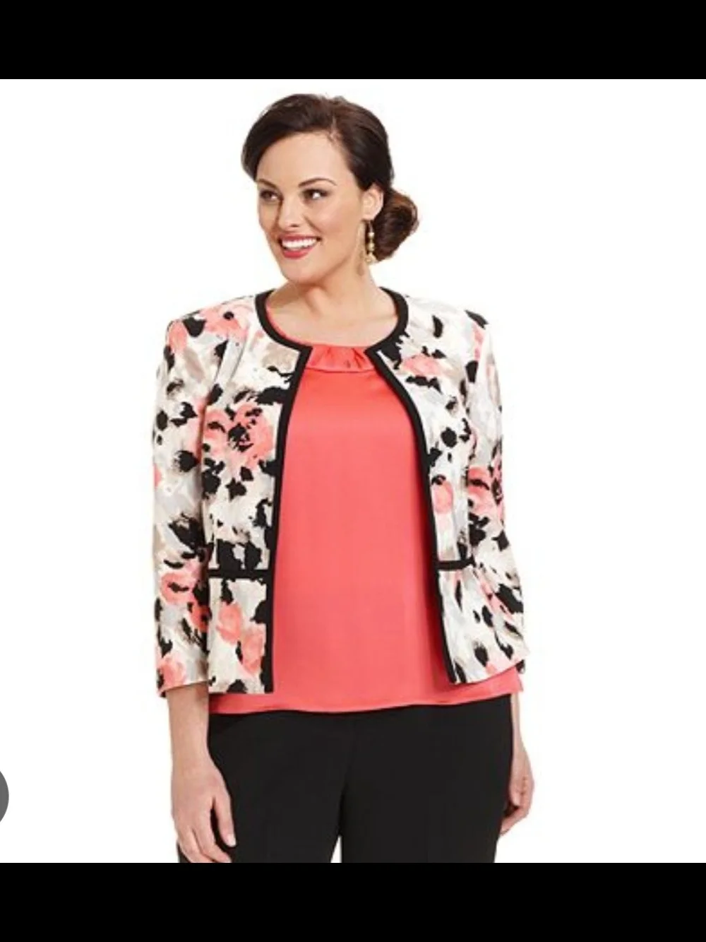 Kasper Floral Print Open-Front Blazer in Coral, Black, White